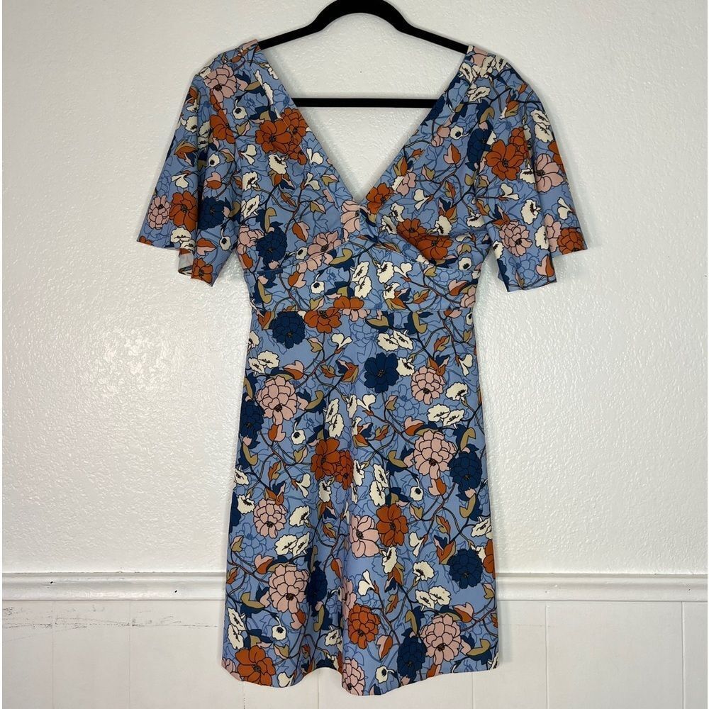 Zara retro vintage style blue floral ruffle sleeve dress S